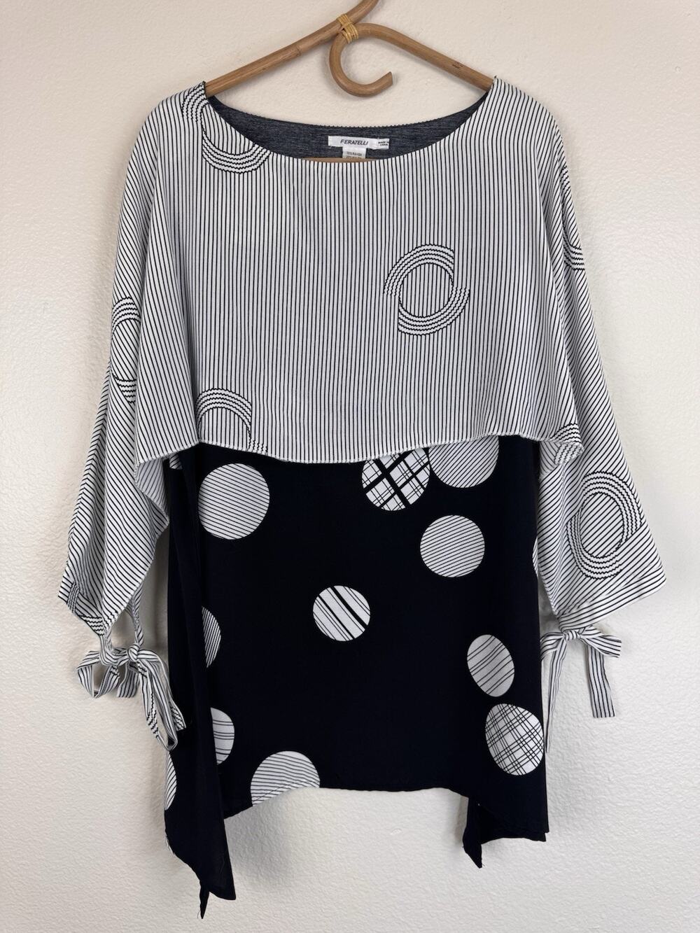 Feratelli Artsy Lagenlook Whimsy Tunic Top Flax Polka Dot Stripe Black White XL